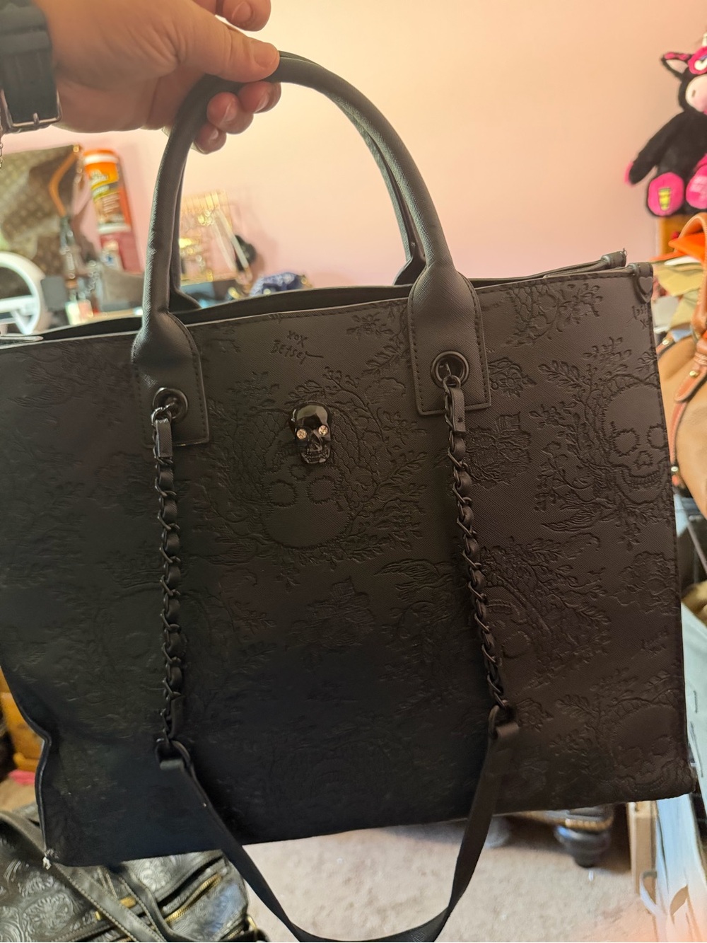 Black Embossed Floral Tote with Skull Accent